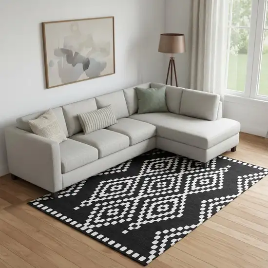 Black And Ivory Geometric Washable Area Rug With UV Protection Photo 1