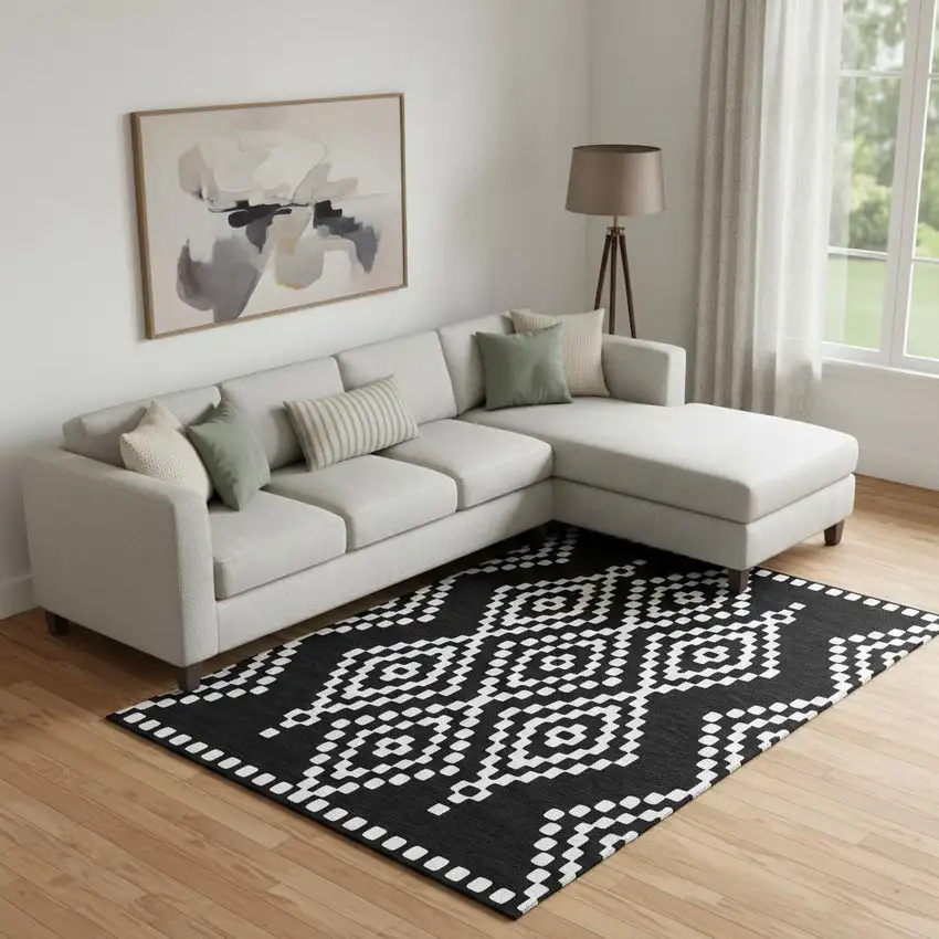 Black And Ivory Geometric Washable Area Rug With UV Protection Photo 1