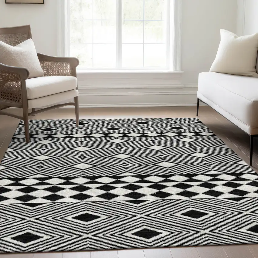 Black And Ivory Geometric Washable Area Rug With UV Protection Photo 6
