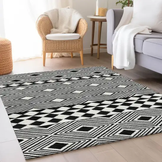 Black And Ivory Geometric Washable Area Rug With UV Protection Photo 5
