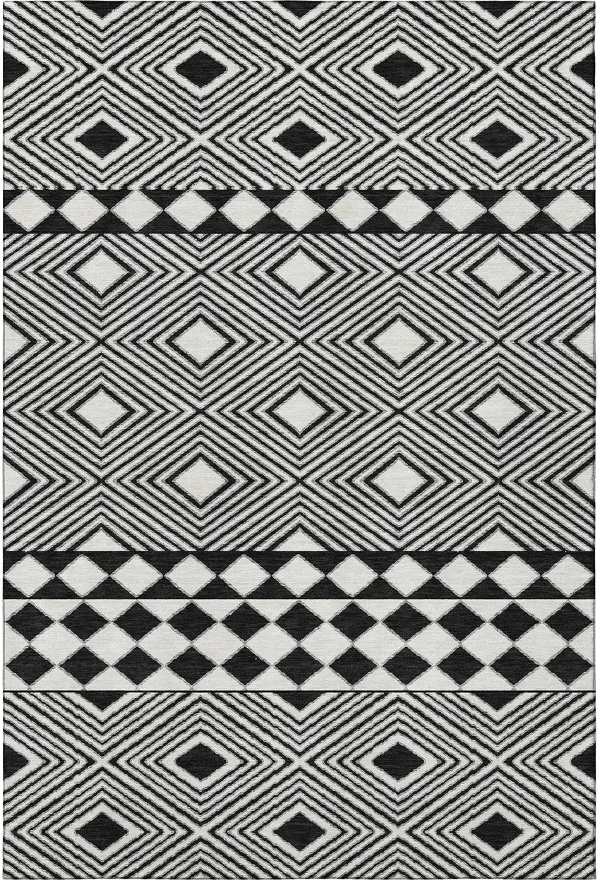 Black And Ivory Geometric Washable Area Rug With UV Protection Photo 4