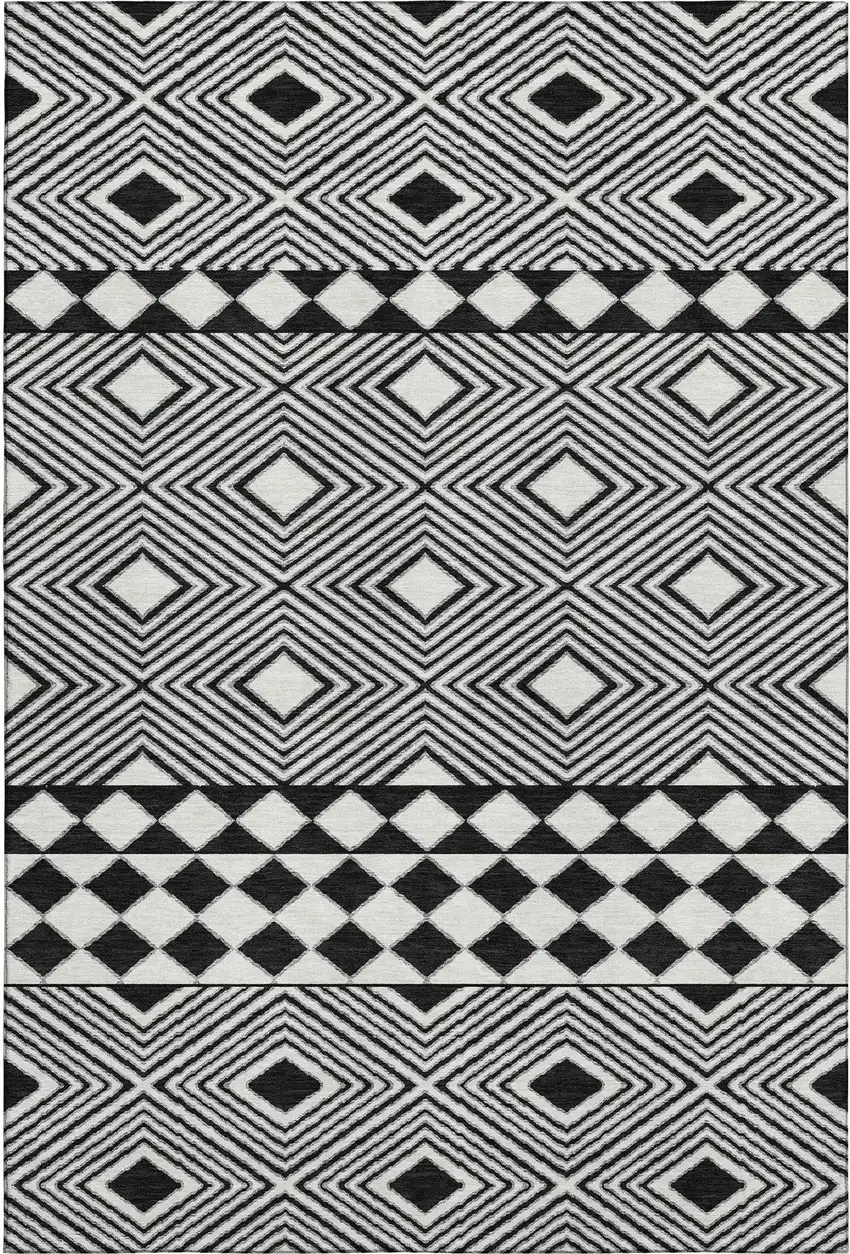 Black And Ivory Geometric Washable Area Rug With UV Protection Photo 1