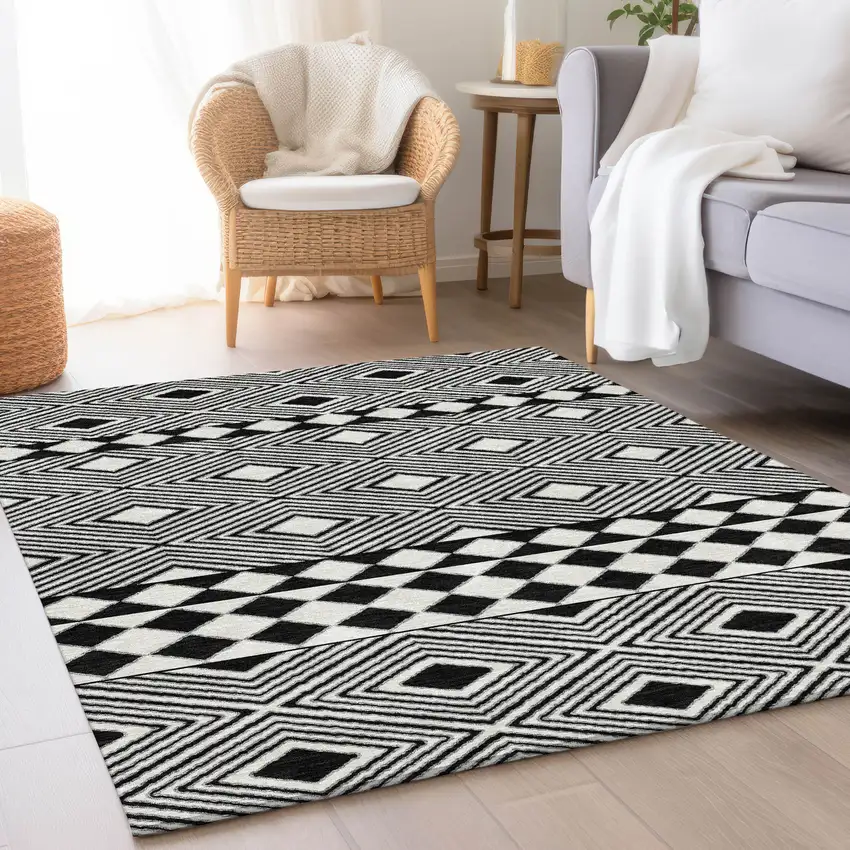 Black And Ivory Geometric Washable Area Rug With UV Protection Photo 5