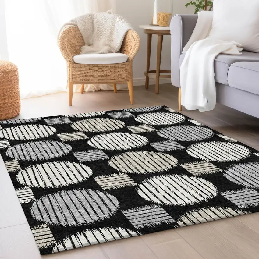 Black And Ivory Geometric Washable Area Rug With UV Protection Photo 4