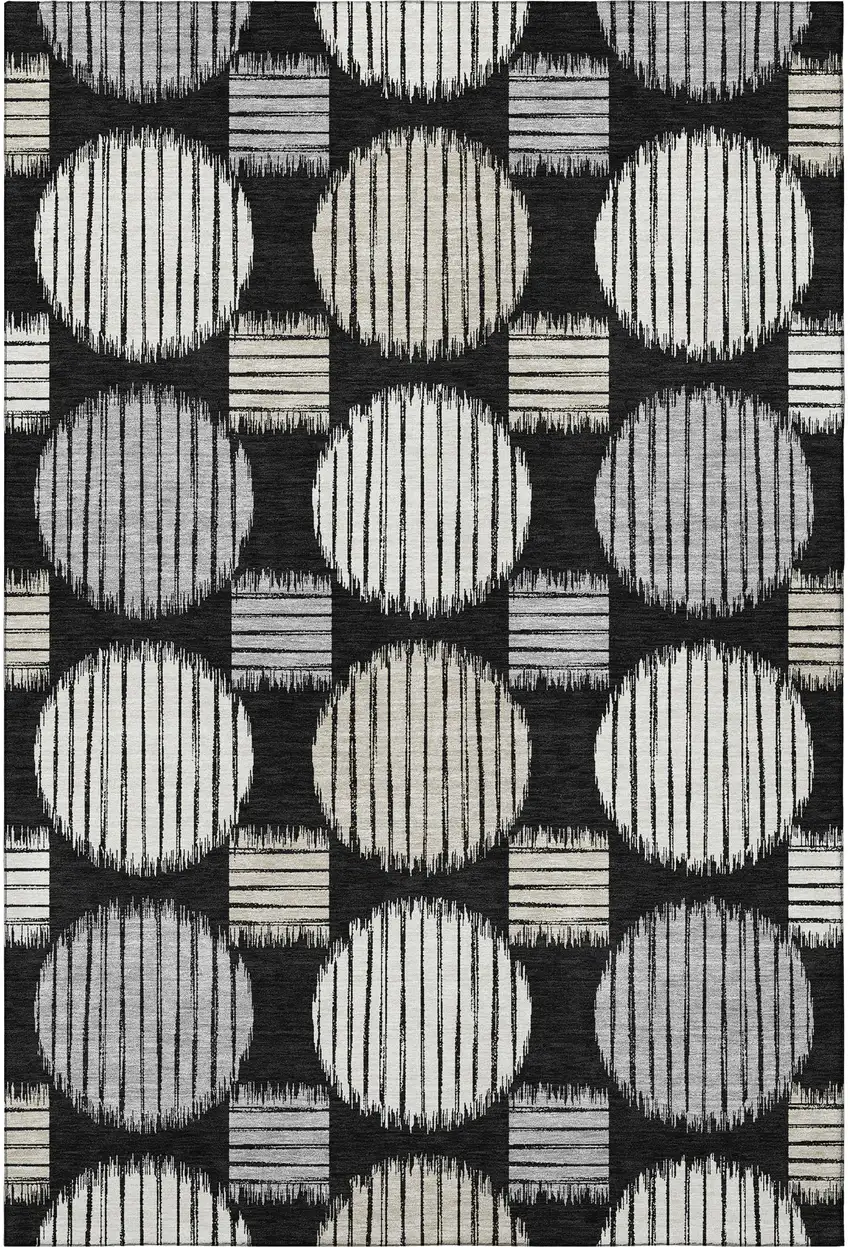 Black And Ivory Geometric Washable Area Rug With UV Protection Photo 3