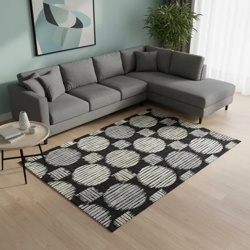 Black And Ivory Geometric Washable Area Rug With UV Protection Photo 2