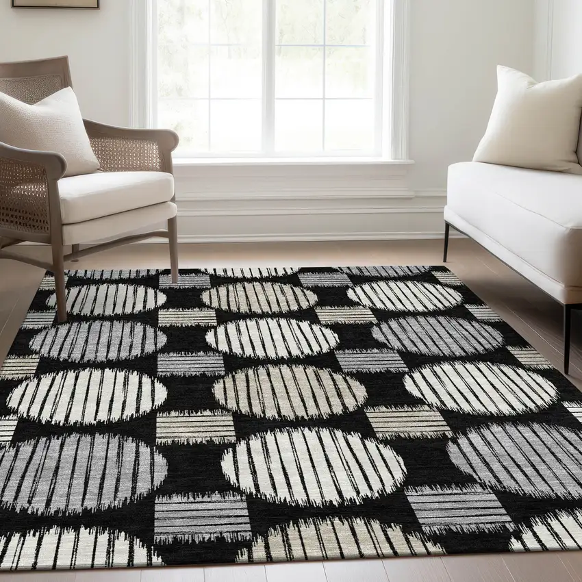 Black And Ivory Geometric Washable Area Rug With UV Protection Photo 6