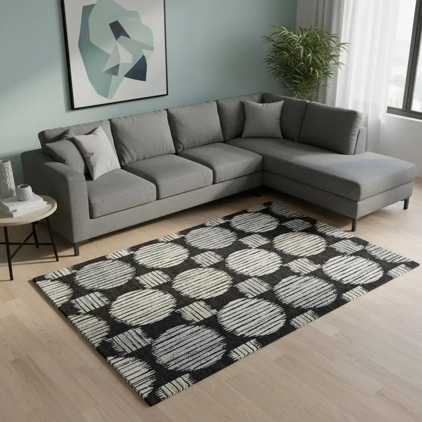 Black And Ivory Geometric Washable Area Rug With UV Protection Photo 2
