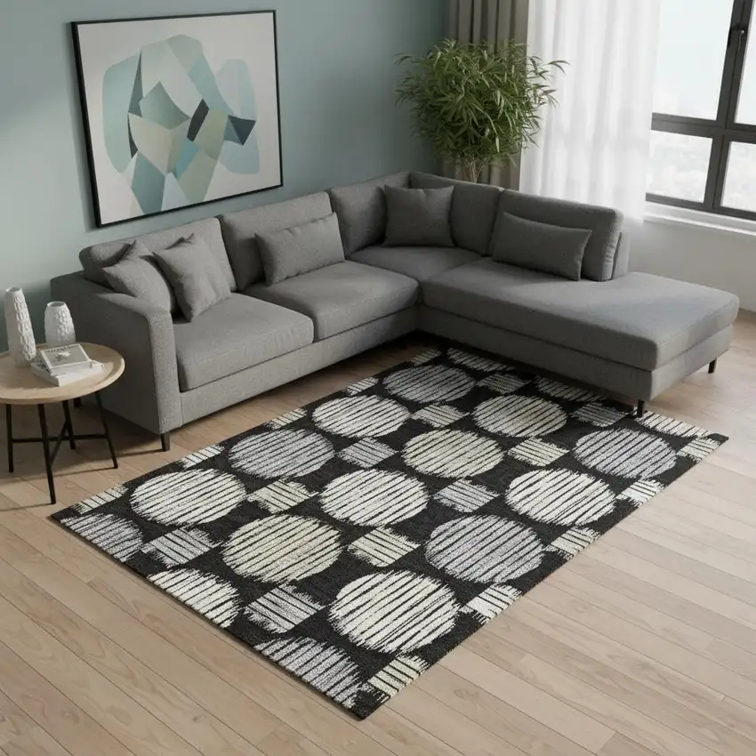 Black And Ivory Geometric Washable Area Rug With UV Protection Photo 2