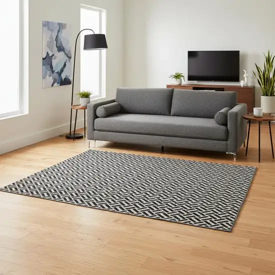 Black And Ivory Geometric Washable Area Rug With UV Protection Photo 2