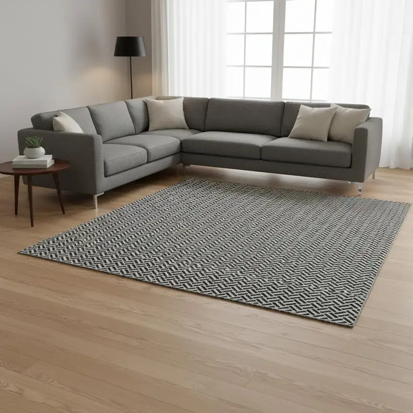 Black And Ivory Geometric Washable Area Rug With UV Protection Photo 2