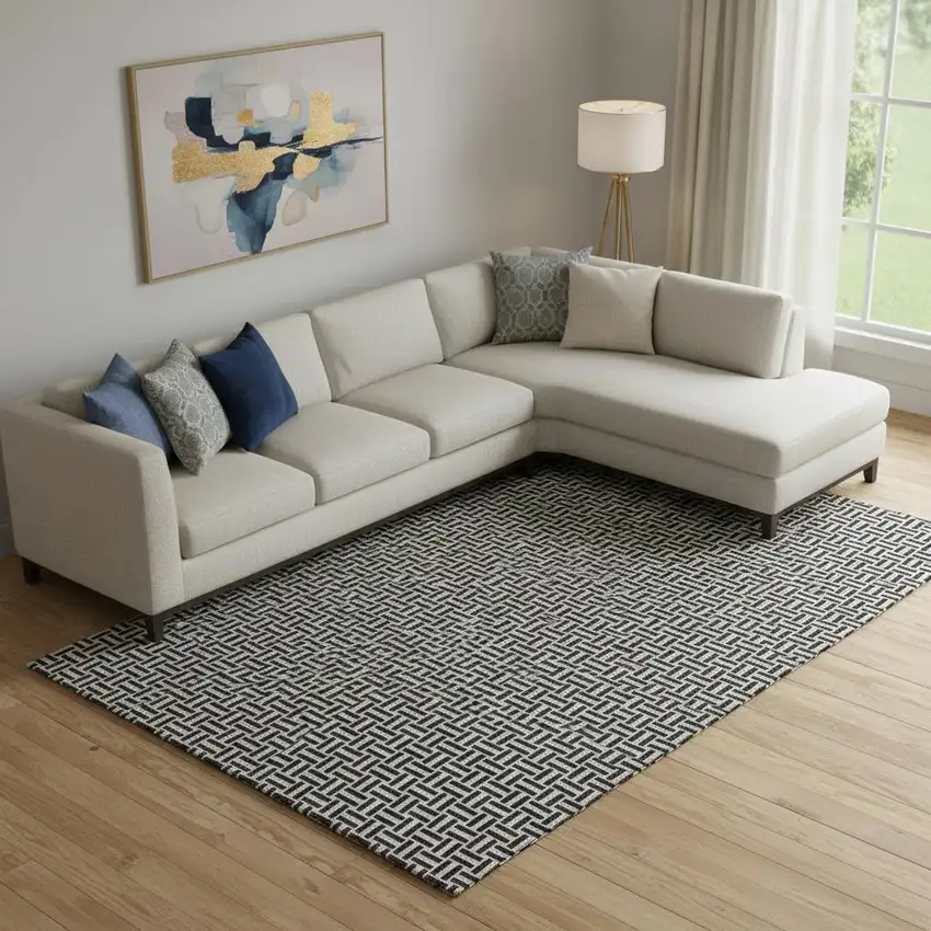 Black And Ivory Geometric Washable Area Rug With UV Protection Photo 1