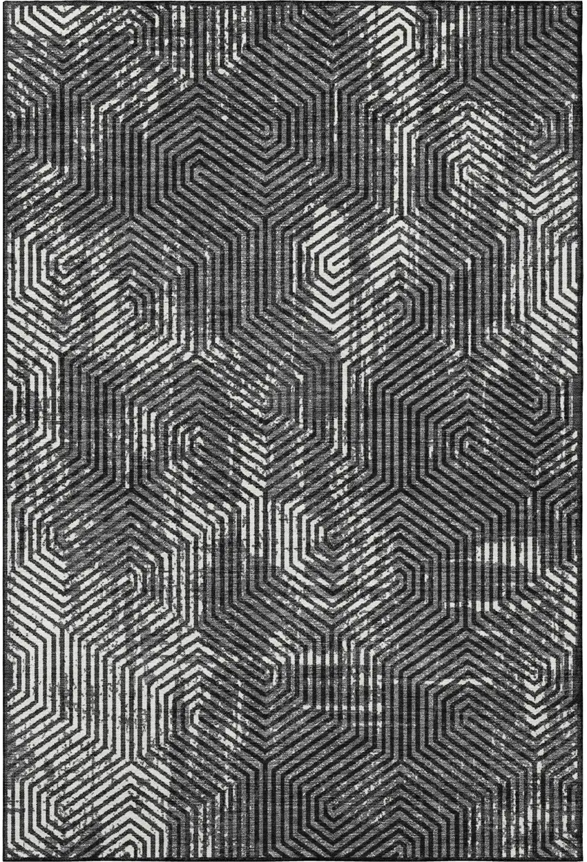 Black And Ivory Geometric Washable Area Rug With UV Protection Photo 4
