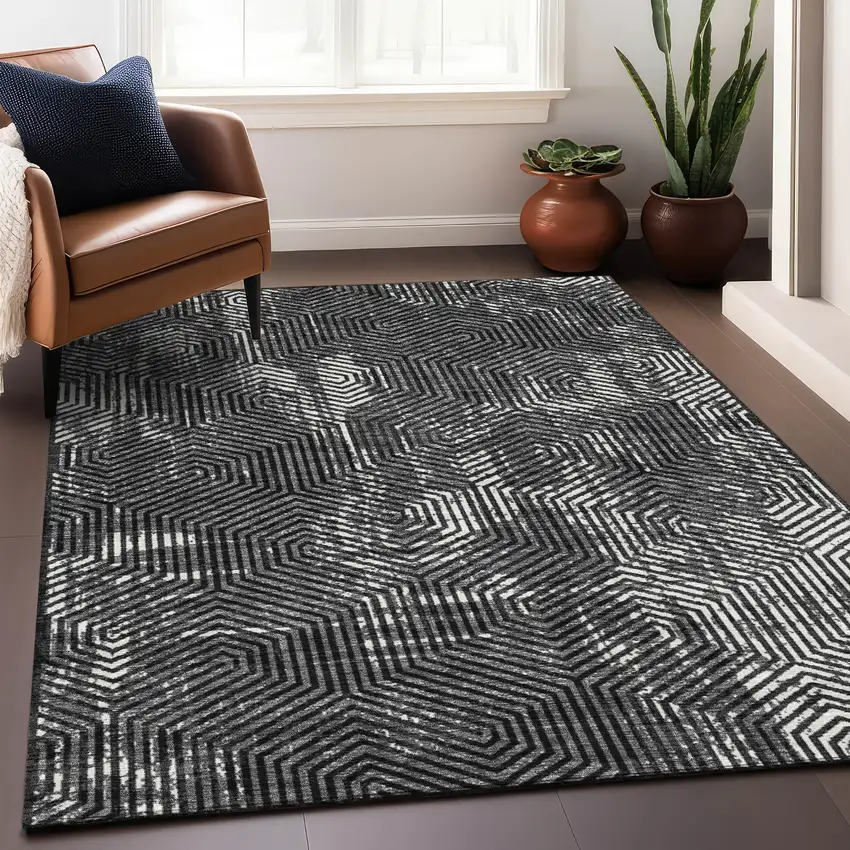 Black And Ivory Geometric Washable Area Rug With UV Protection Photo 5