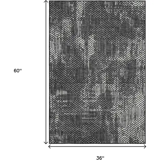 Black And Ivory Geometric Washable Area Rug With UV Protection Photo 3