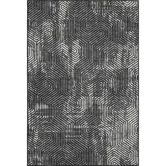Black And Ivory Geometric Washable Area Rug With UV Protection Photo 1