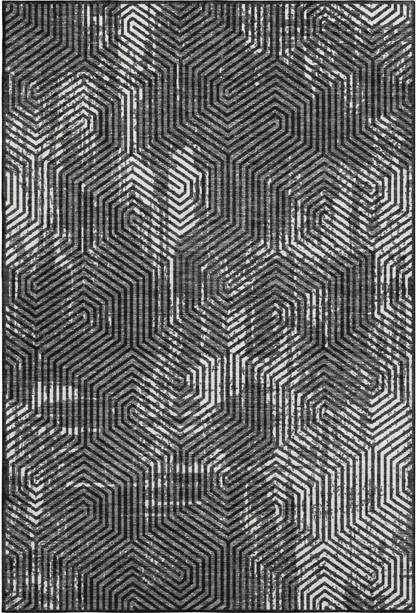 Black And Ivory Geometric Washable Area Rug With UV Protection Photo 1
