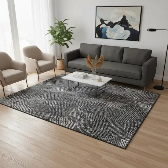 Black And Ivory Geometric Washable Area Rug With UV Protection Photo 2