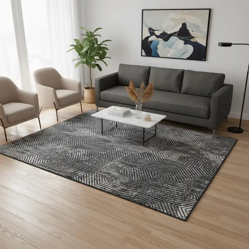 Black And Ivory Geometric Washable Area Rug With UV Protection Photo 2