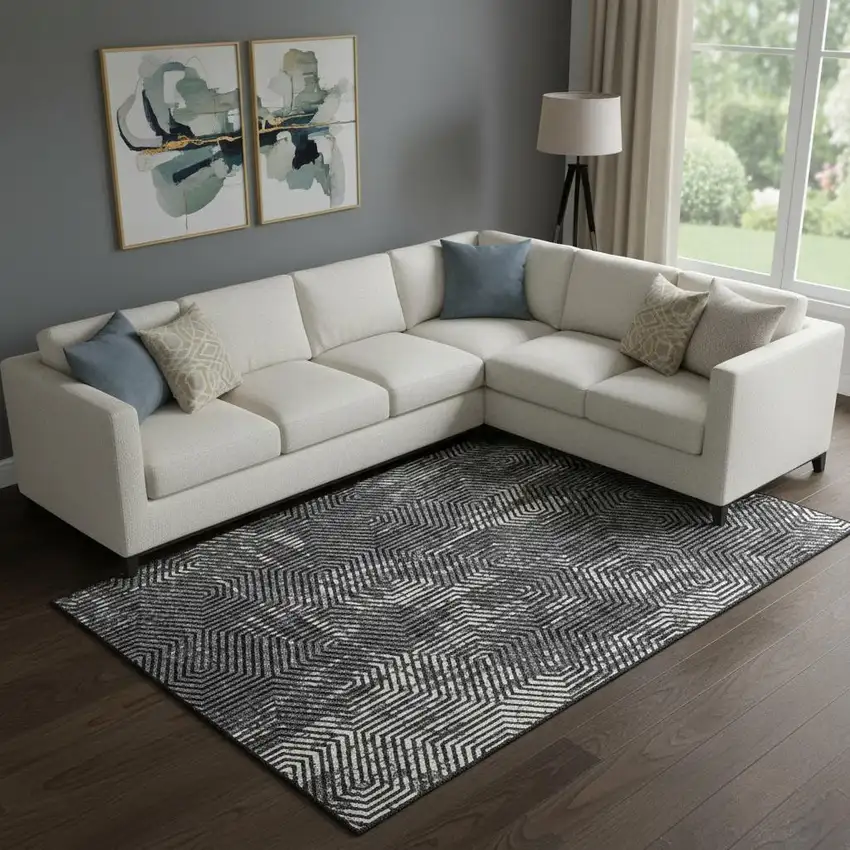 Black And Ivory Geometric Washable Area Rug With UV Protection Photo 1