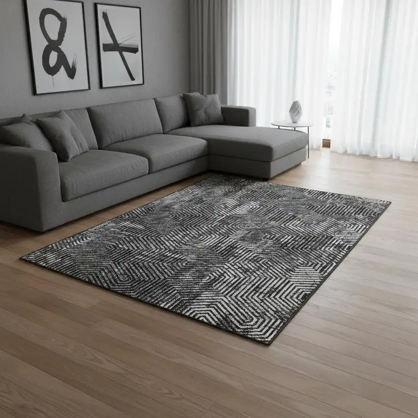 Black And Ivory Geometric Washable Area Rug With UV Protection Photo 2