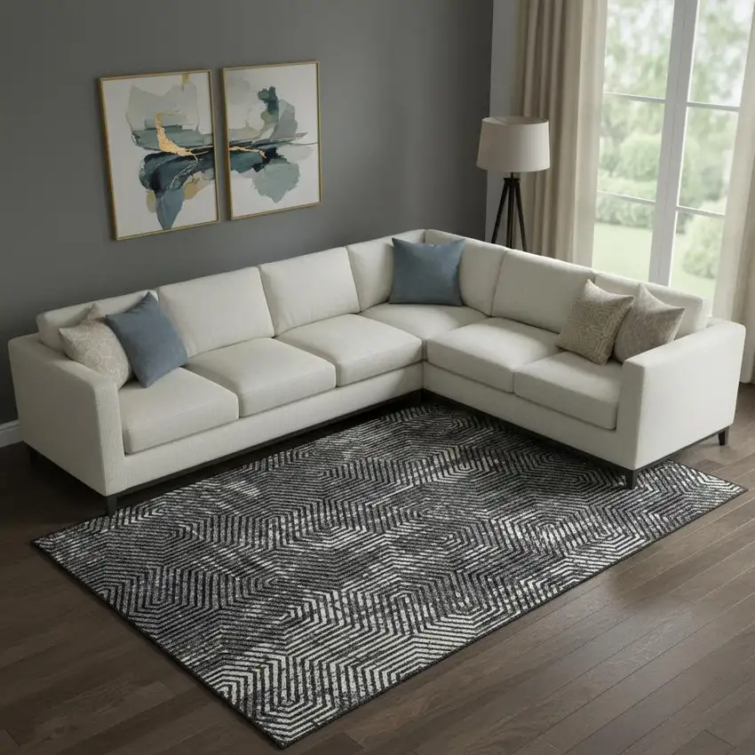 Black And Ivory Geometric Washable Area Rug With UV Protection Photo 1