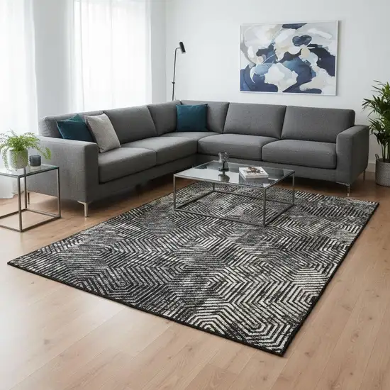 Black And Ivory Geometric Washable Area Rug With UV Protection Photo 2