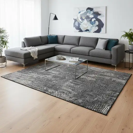 Black And Ivory Geometric Washable Area Rug With UV Protection Photo 2