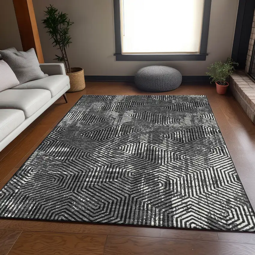 Black And Ivory Geometric Washable Area Rug With UV Protection Photo 6