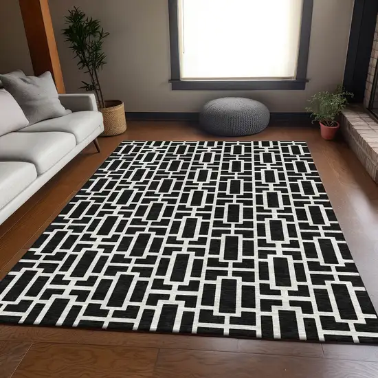 Black And Ivory Geometric Washable Area Rug With UV Protection Photo 6