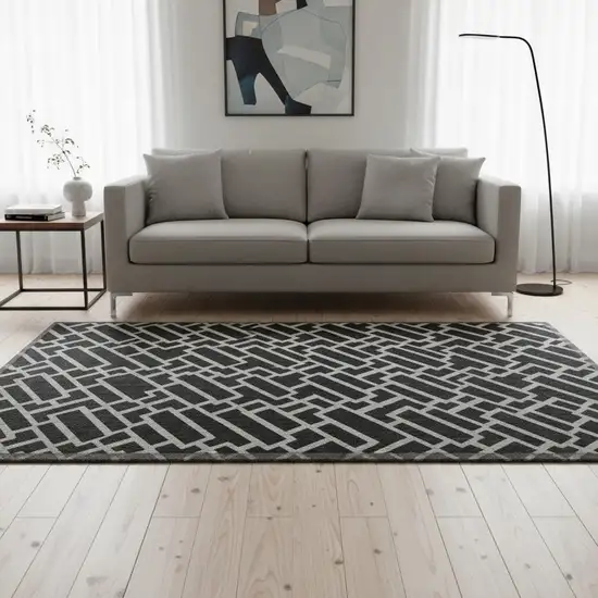 Black And Ivory Geometric Washable Area Rug With UV Protection Photo 2
