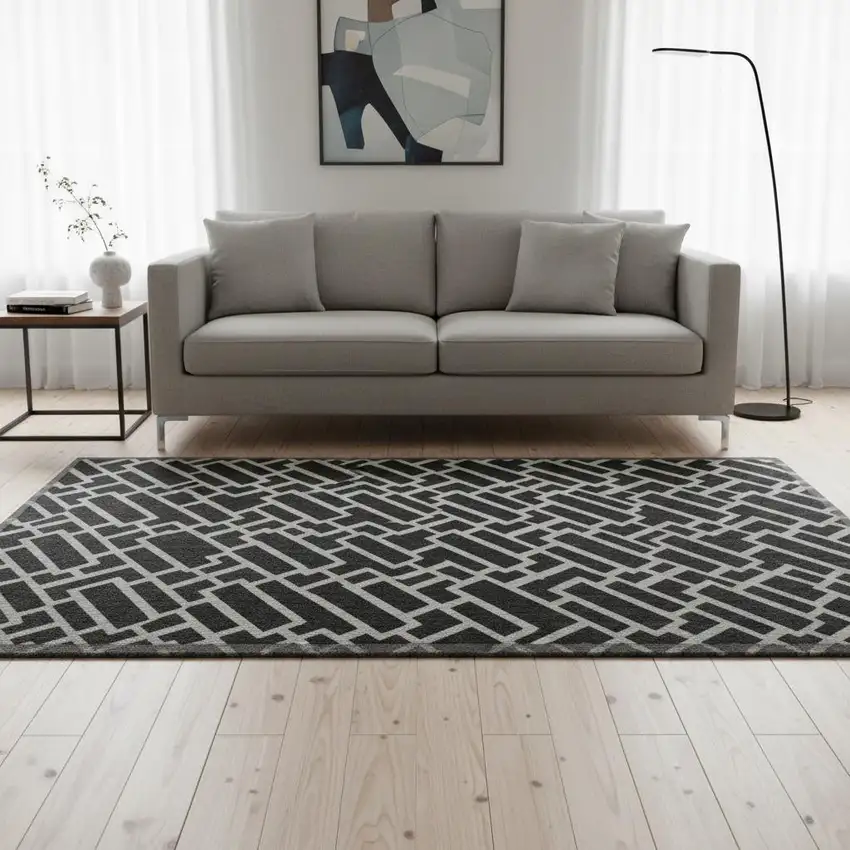 Black And Ivory Geometric Washable Area Rug With UV Protection Photo 2
