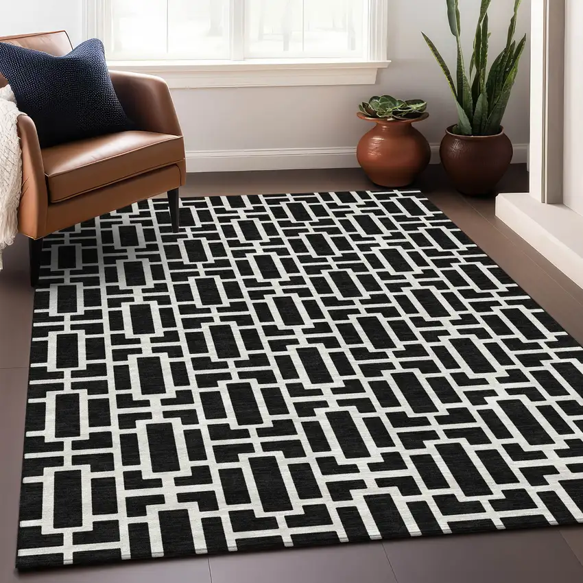 Black And Ivory Geometric Washable Area Rug With UV Protection Photo 5