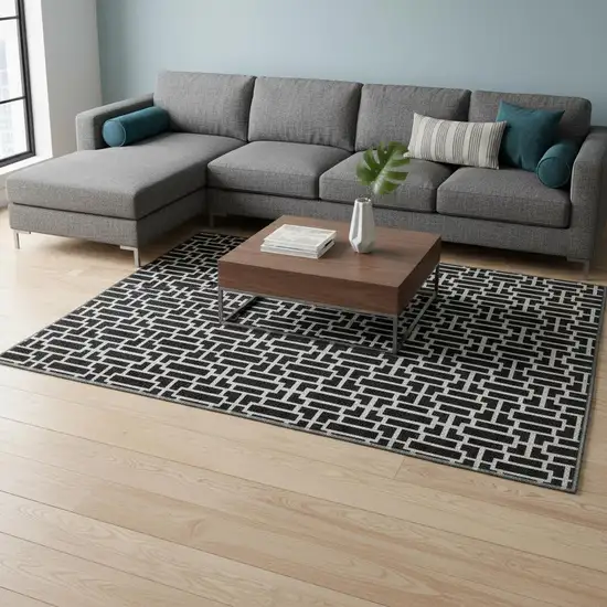 Black And Ivory Geometric Washable Area Rug With UV Protection Photo 2