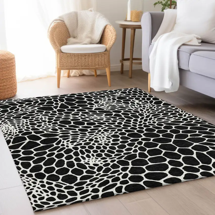 Black And Ivory Geometric Washable Area Rug With UV Protection Photo 5