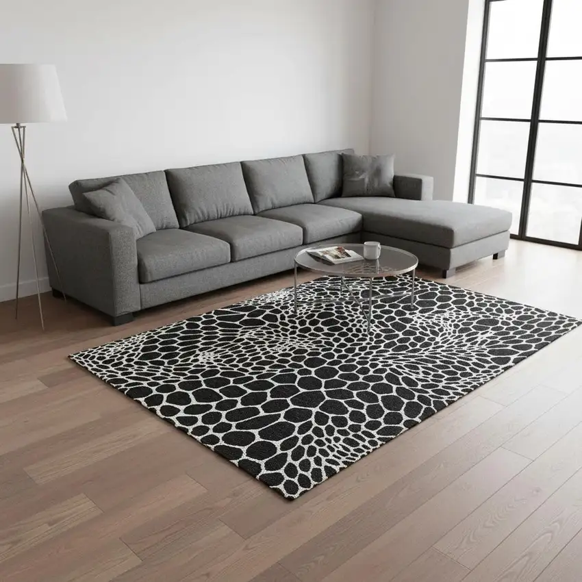 Black And Ivory Geometric Washable Area Rug With UV Protection Photo 2