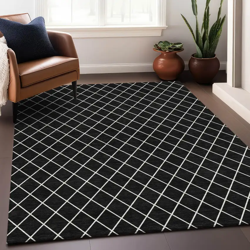 Black And Ivory Geometric Washable Area Rug With UV Protection Photo 4