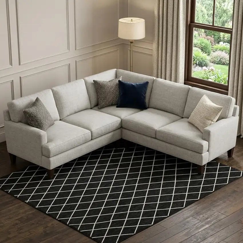 Black And Ivory Geometric Washable Area Rug With UV Protection Photo 1