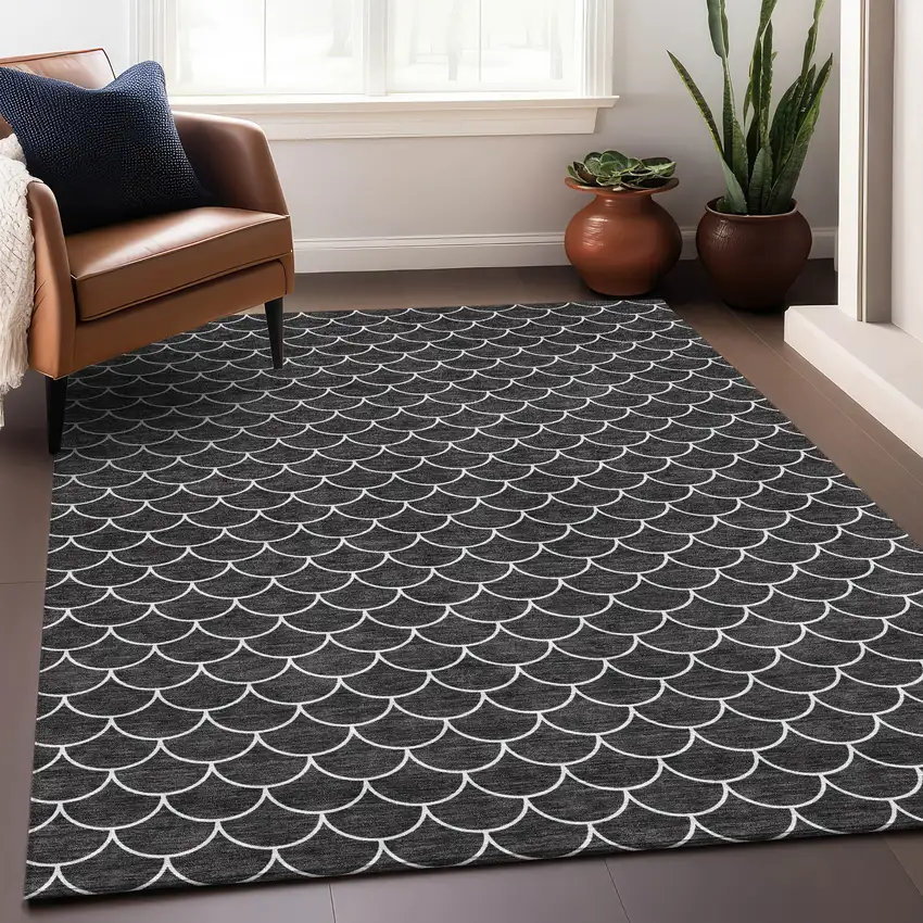 Black And Ivory Geometric Washable Area Rug With UV Protection Photo 4