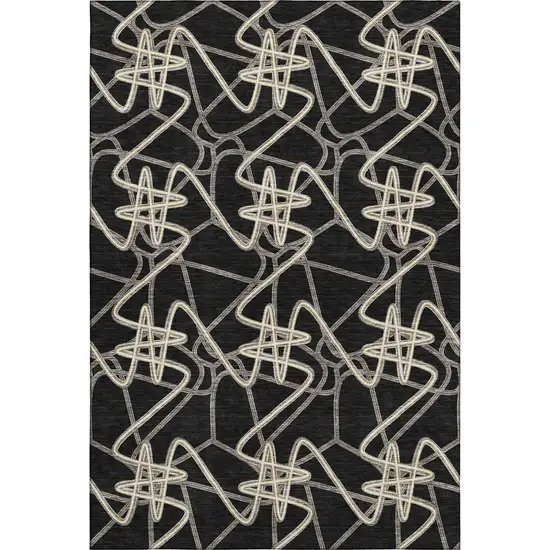 Black And Ivory Geometric Washable Area Rug With UV Protection Photo 1