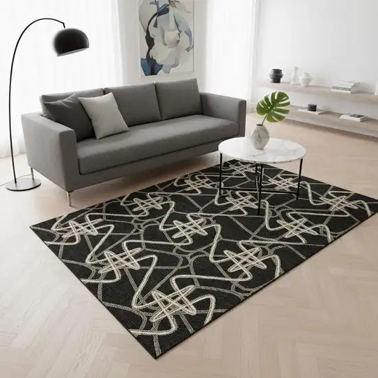 Black And Ivory Geometric Washable Area Rug With UV Protection Photo 2