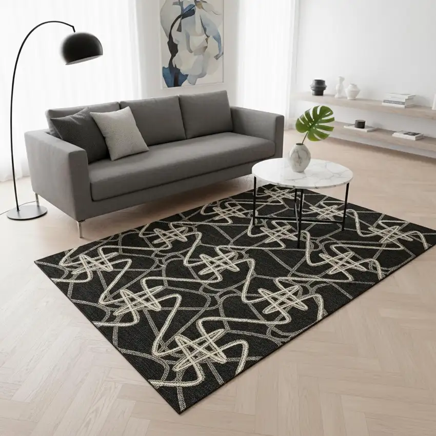 Black And Ivory Geometric Washable Area Rug With UV Protection Photo 2
