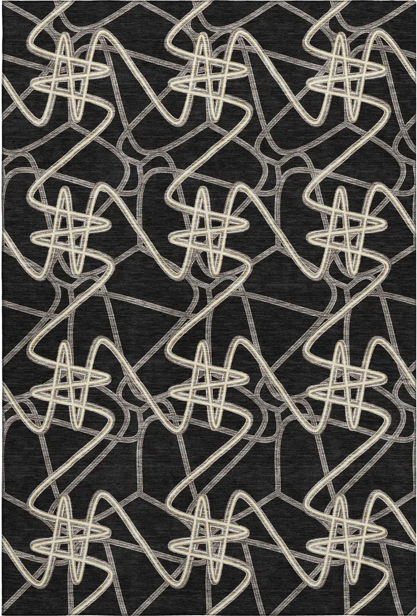 Black And Ivory Geometric Washable Area Rug With UV Protection Photo 1