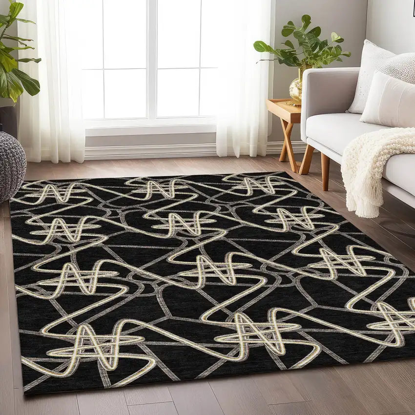 Black And Ivory Geometric Washable Area Rug With UV Protection Photo 4