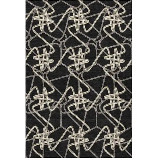 Black And Ivory Geometric Washable Area Rug With UV Protection Photo 3