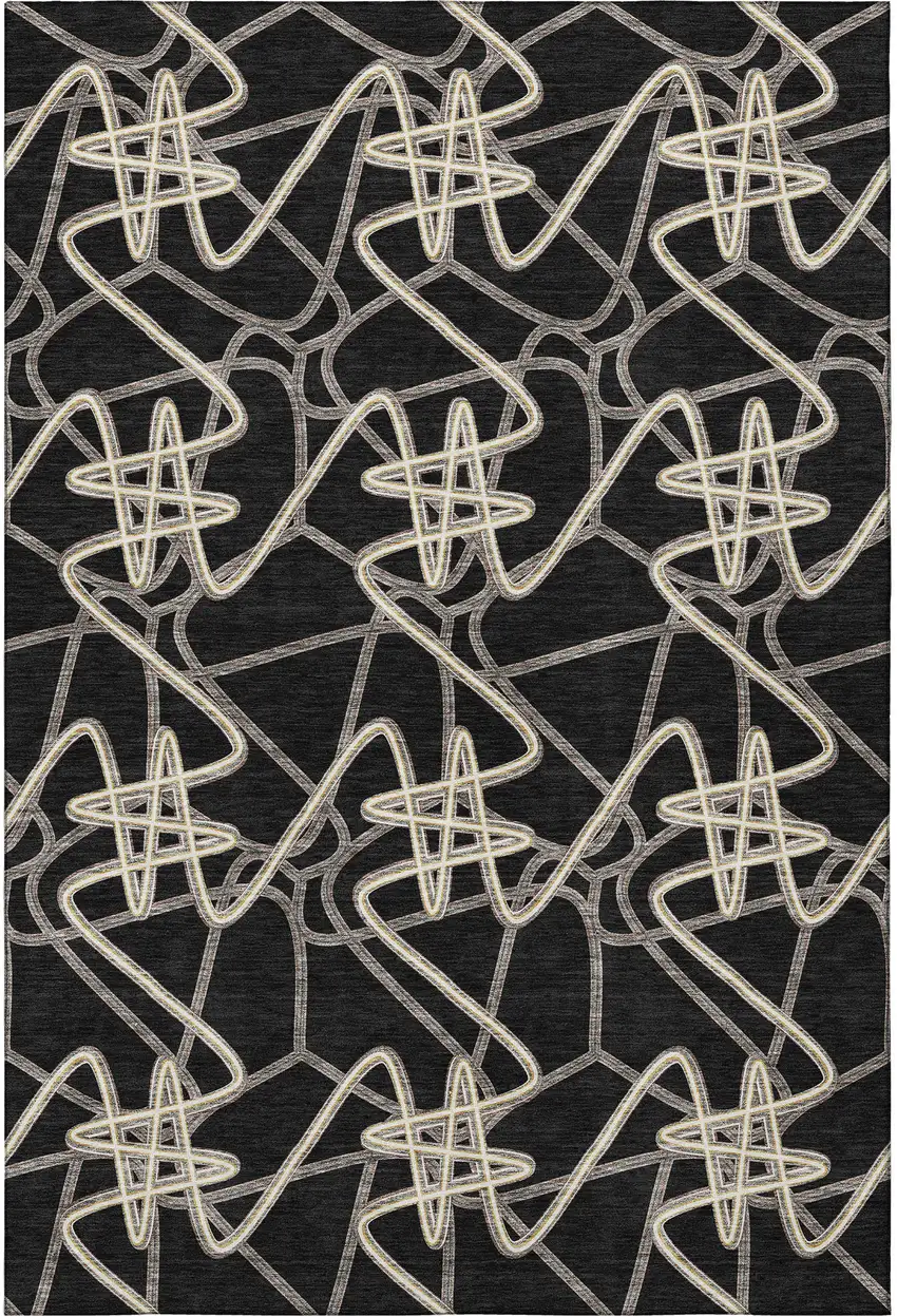 Black And Ivory Geometric Washable Area Rug With UV Protection Photo 3