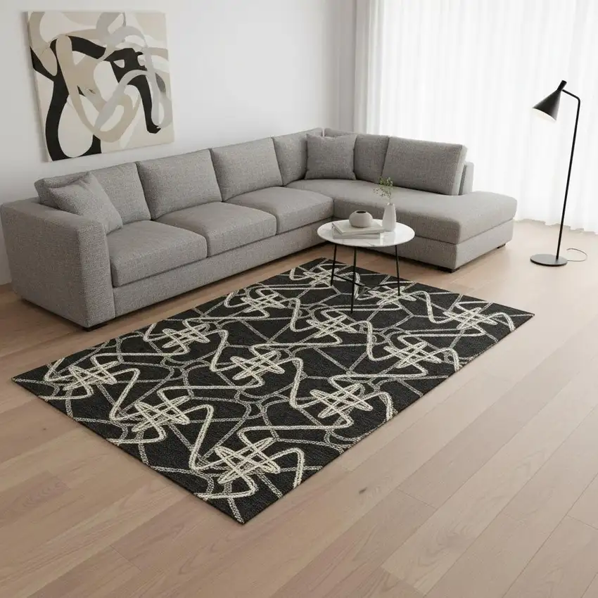 Black And Ivory Geometric Washable Area Rug With UV Protection Photo 2