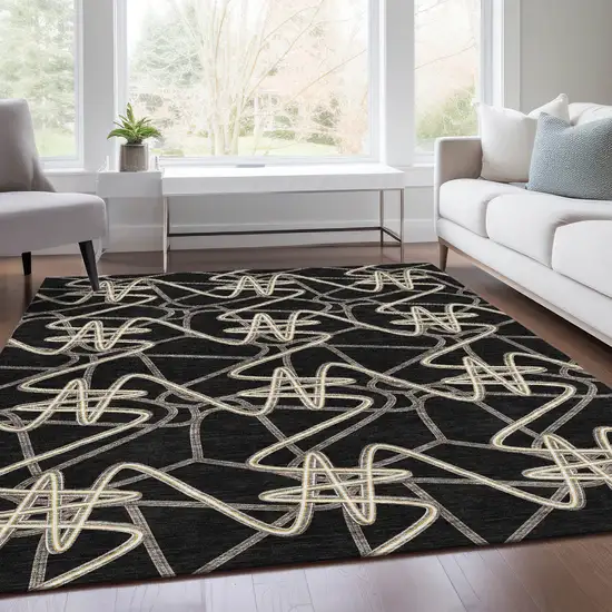 Black And Ivory Geometric Washable Area Rug With UV Protection Photo 5
