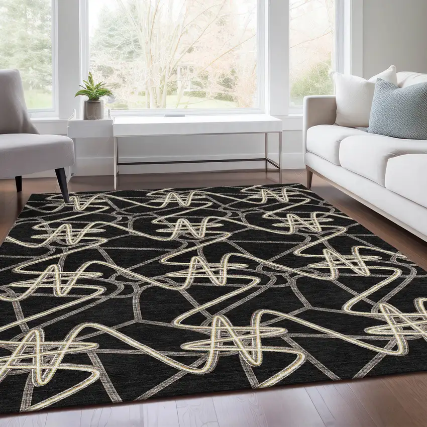 Black And Ivory Geometric Washable Area Rug With UV Protection Photo 5