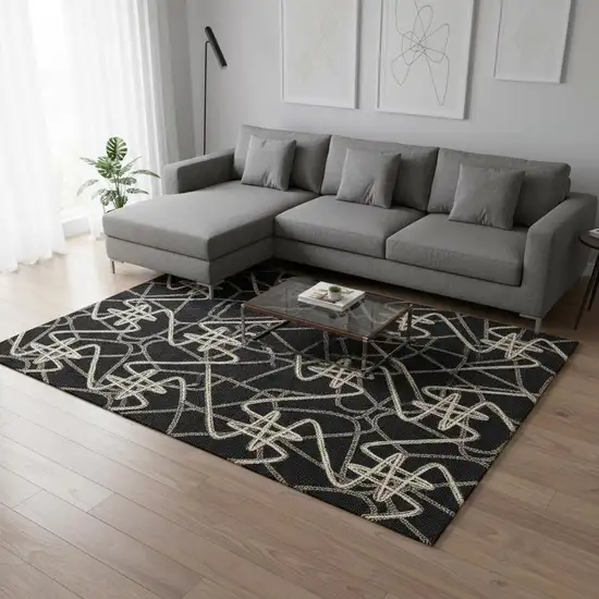 Black And Ivory Geometric Washable Area Rug With UV Protection Photo 2